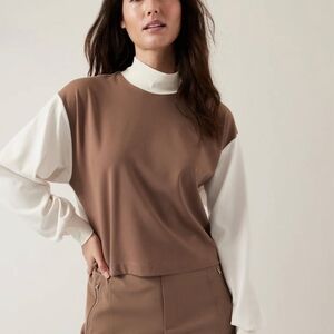 Athleta Two-Tone Mock Neck Top Size Large in Brown and Cream